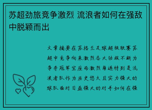 苏超劲旅竞争激烈 流浪者如何在强敌中脱颖而出 苏超劲旅竞争激烈 流浪者如何在强敌中脱颖而出